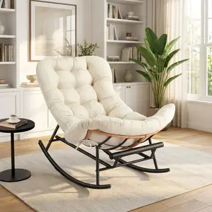 GAOMON Papasan Rocking Chair with Foot Rest, Papasan Chair with Thick Removable Cushion and Metal Frame, Lounge Chairs and PE Rattan Rocker,Beige