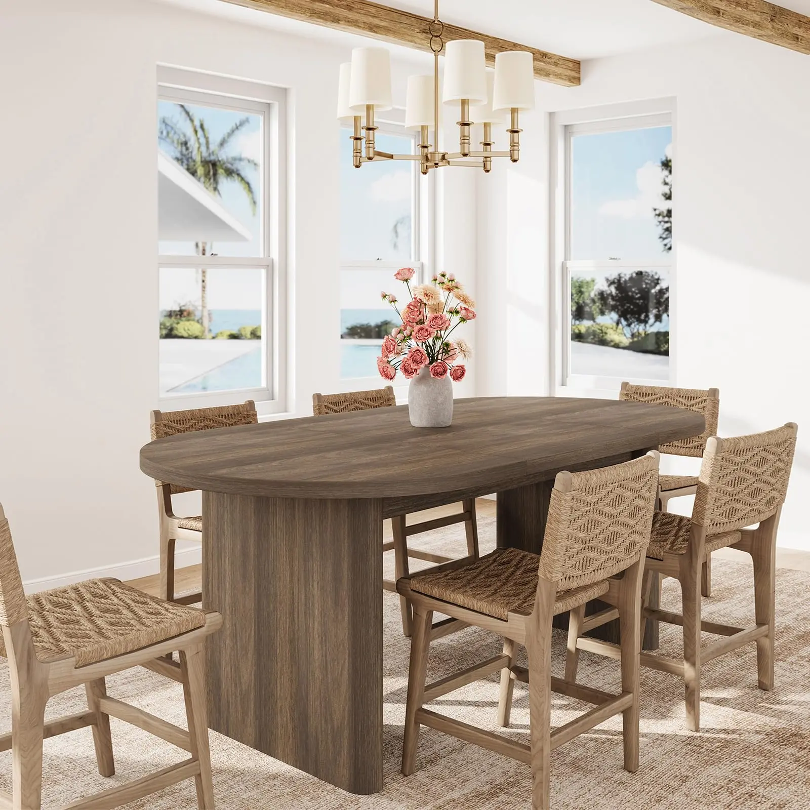 Oval Extendable Farmhouse Table for 4-8 Seats, Heavy Duty Double Pedestal Wood Base, Space Saving Design for Kitchen, Dining, Living Room or Reception, Rustic