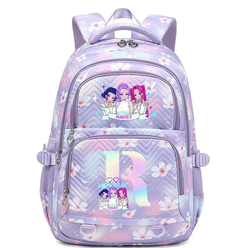 Cute Cartoon Anime Girl Print Backpack for Women Teen Girls, Pastel Purple Floral Rainbow Letter Large Capacity Student School Backpack, Lightweight Water Resistant Multi-Pocket Ergonomic Daypack for Campus Travel Daily