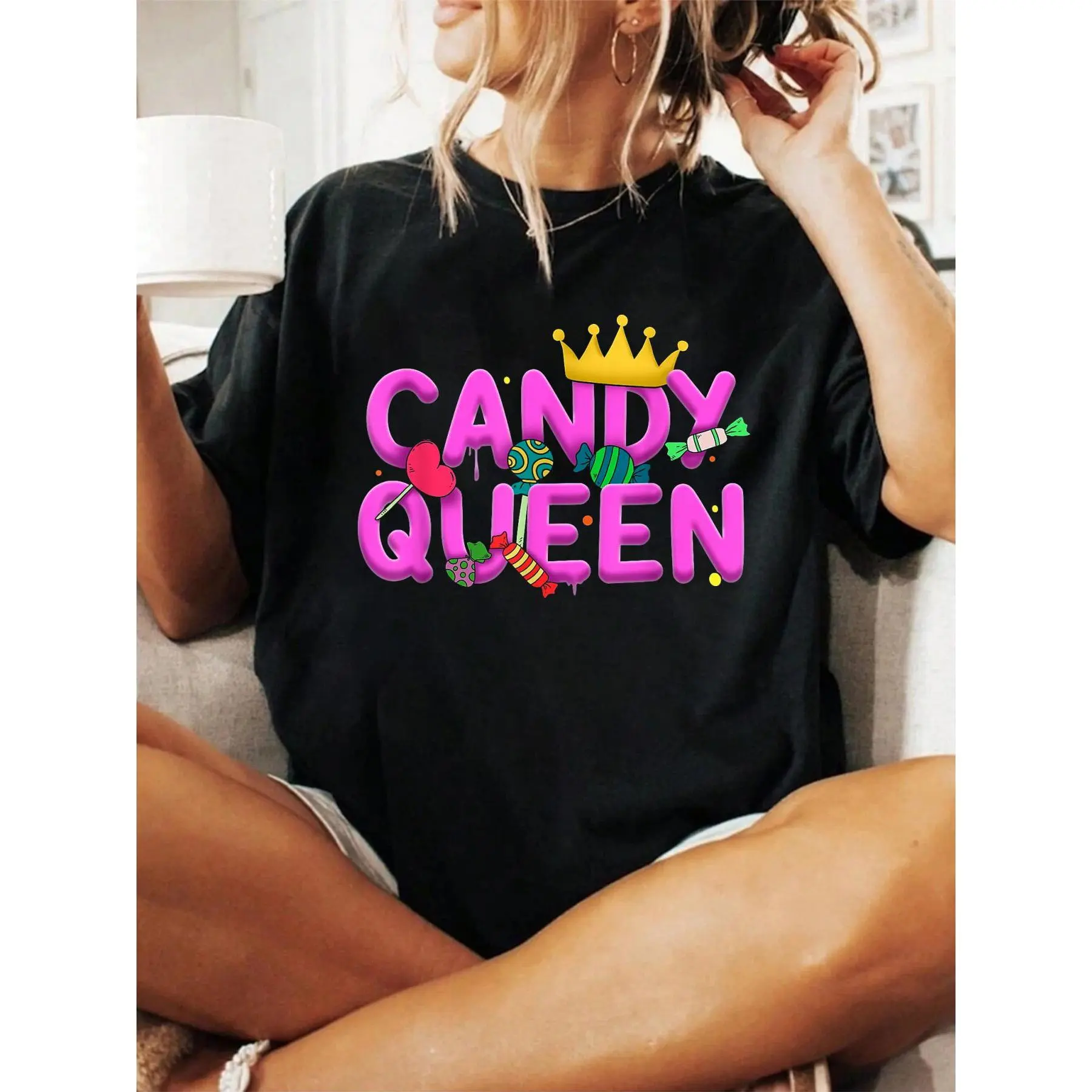 100% Cotton Halloween shirt Cool Candy Queen Art for Women Girls Candy Lollipop Lovers T-Shirt fall women clothes