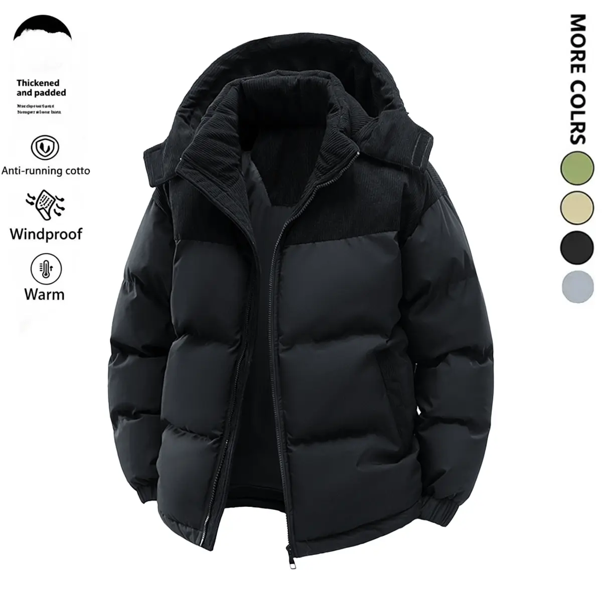 Men’s winter coats – long-sleeve menswear tops, color-block hooded fleece jacket, detachable hood, windproof padded design, thick and warm, anti-pilling, versatile for casual everyday wear, fashionable couples’ edition