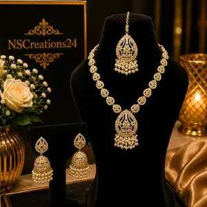 Polki-Style Pearl-Detailed Mala Set with Almond-Shaped Jhumkas for Women (Traditional Indian Jewelry for Weddings, Festivals)
