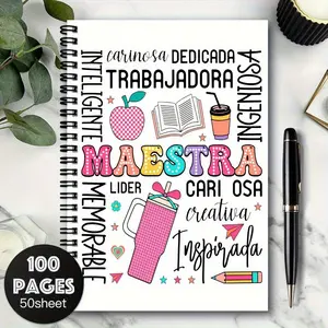 1 Pack of Spanish Teacher's Notebooks, Notebook Journal - Classroom Planner with Spanish Appreciation Information (Female Teacher/Professor Title), Educational Icons - Marble Design, Pink, Yellow, Green, Blue - Female/Male Teacher Gifts