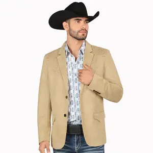 MONTERO MENS Western Embroidery beige FABRIC BROWN beige Double Button Blazer MT2182 Faux Suede, Medium Length, Hand Wash Only, All Seasons, Plaid Pattern - Menswear, Coats