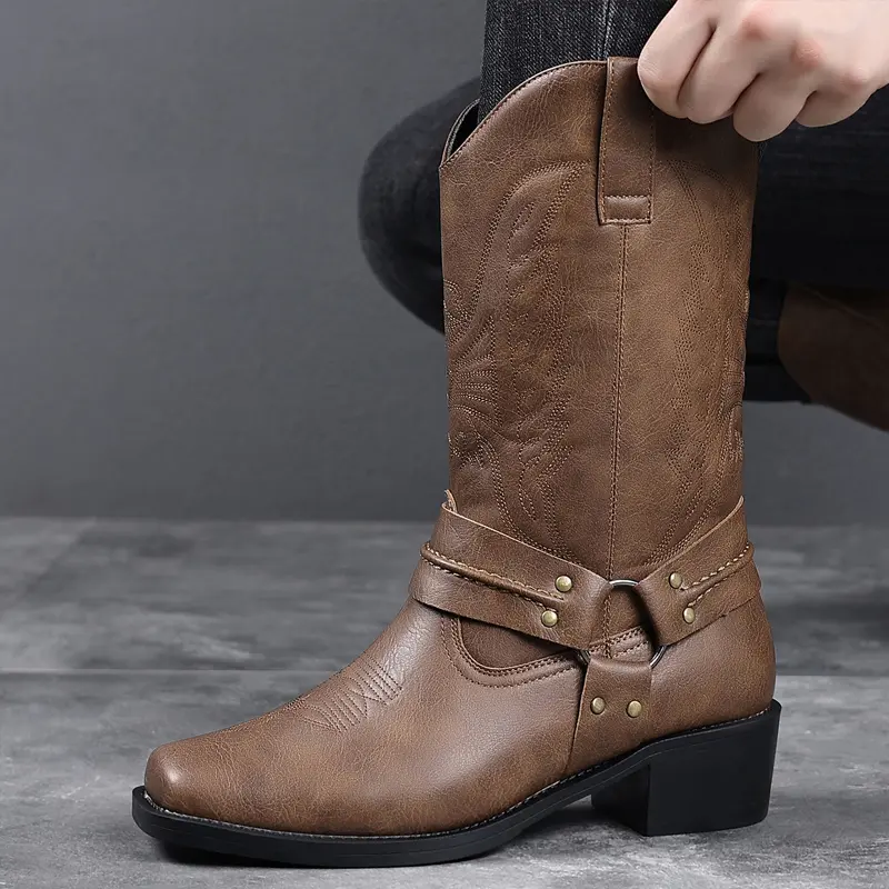 Men’s Retro Western Cowboy Mid-Calf Boots - Buckle Decoration, Side Zipper for Easy Wear/Removal, Chunky Heel for Stability, Stylish Street-Style Shoe - Versatile Casual Footwear for Everyday Wear
