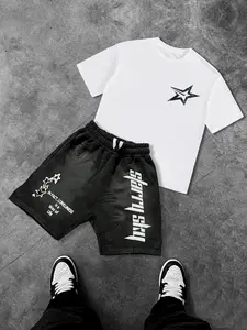Two-Piece Set Men's Star Print Knit Short Sleeve Tee & Drawstring Waist Shorts Set, Regular Fit Casual Round Neck T-shirt & Track Shorts, Men's Summer Clothes
