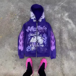 Y2K Streetwear Zip Hoodie �C Vintage Harajuku Cartoon Print Oversized Sweatshirt