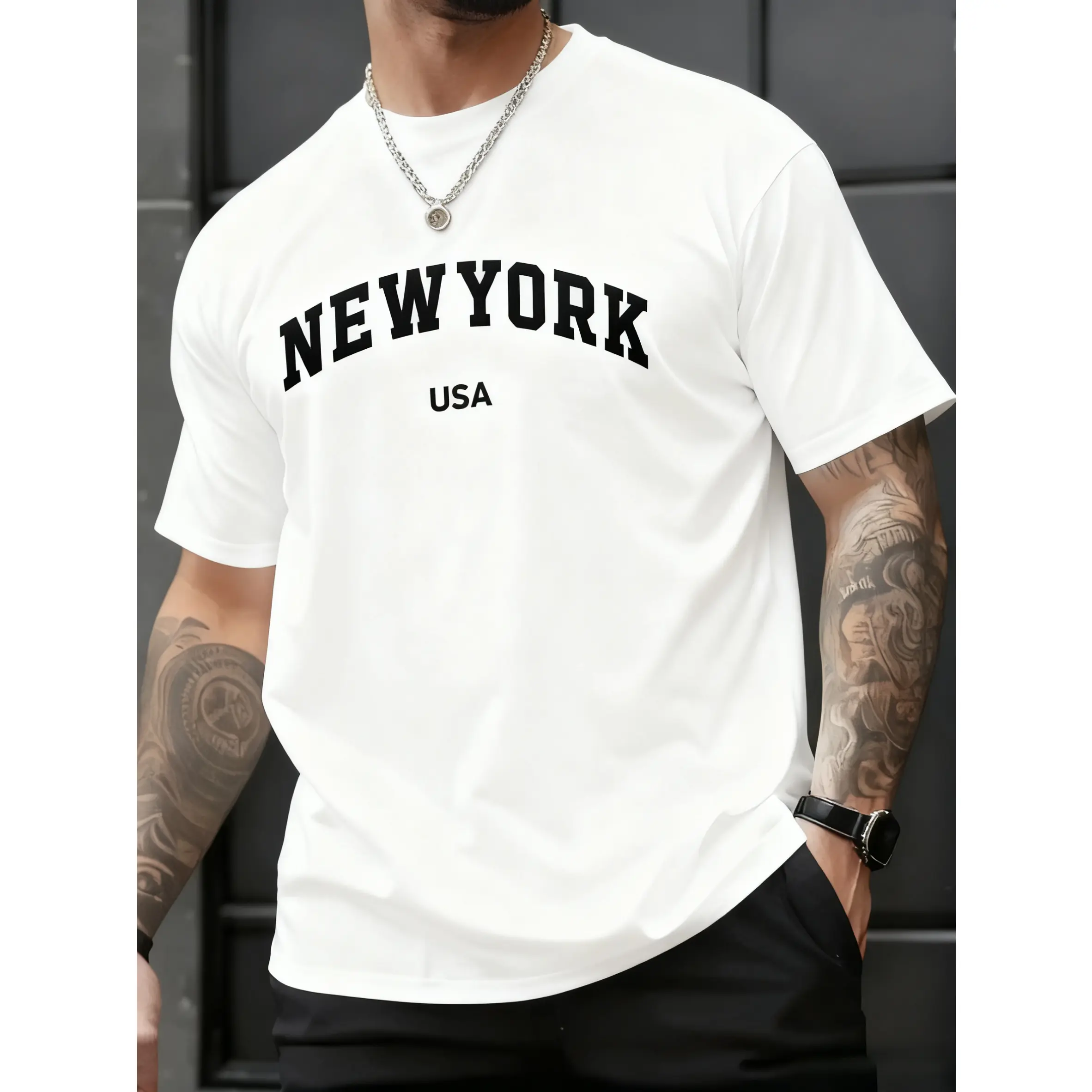 100% Cotton, Men's New York USA Graphic T-Shirt - Featuring Bold Black NYC Skyline Letters, Machine Washable Summer Shirt, Suitable for Casual Wear, Fitness, and Travel