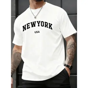 100% Cotton, Men's New York USA Graphic T-Shirt - Featuring Bold Black NYC Skyline Letters, Machine Washable Summer Shirt, Suitable for Casual Wear, Fitness, and Travel