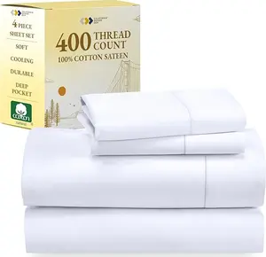 Soft 400 Thread Count Sateen Sheet Set, Natural 100% Cotton Sheets Full Size Bed Set, Deep Pockets for a Snug Fit, Durable Bedding - White