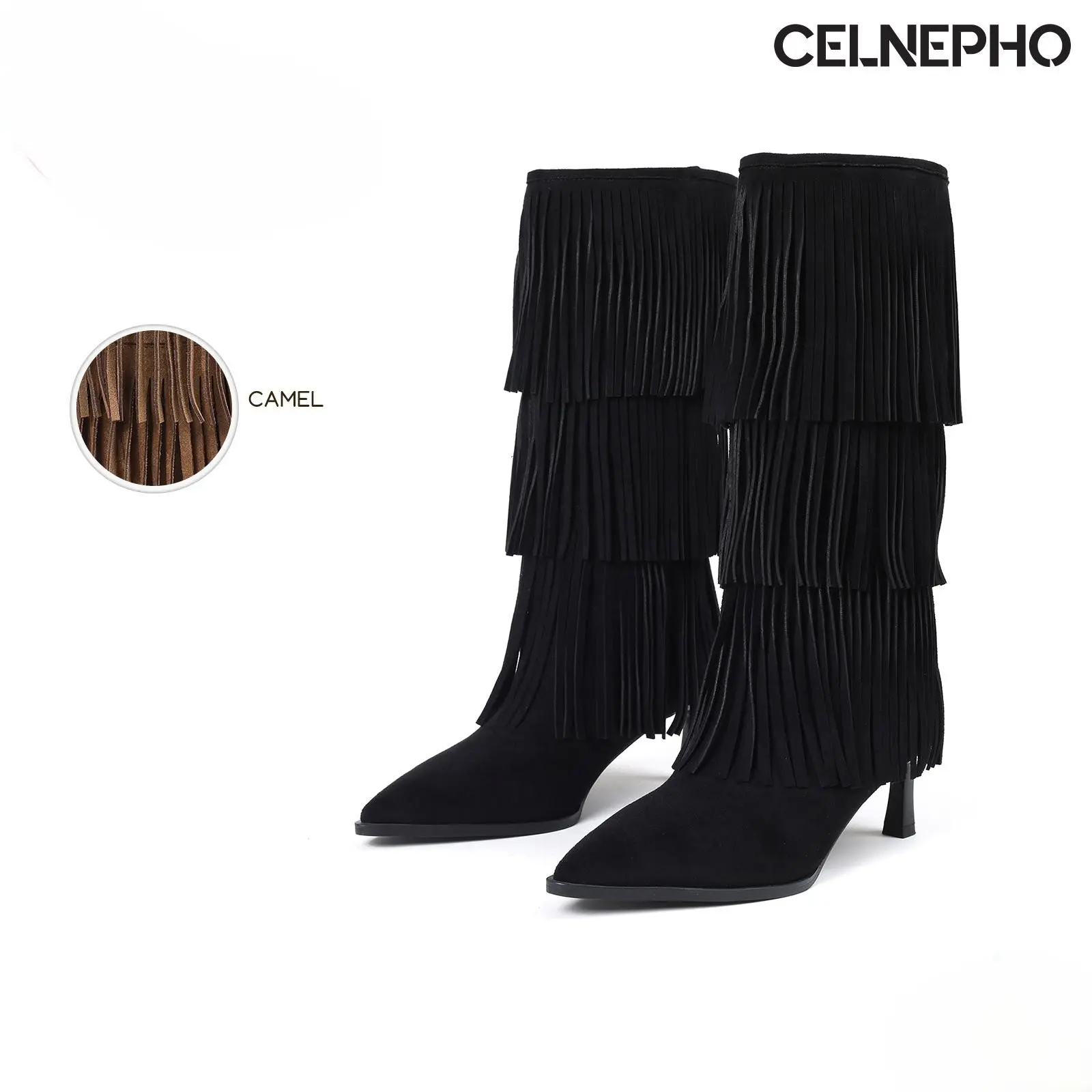 CELNEPHO Mid Calf Fringe Boots for Women Pointed Toe Kitten Heel Easy Pull on Wide Calf Tassels Design Fashion Suede Heeled Boot Party Everyday Wear Gift Casual Trendy Dress Shoes
