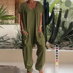 TFNOSIZE Women’s Stretch Jumpsuit V-Neck Short-Sleeve Top & Loose-Fit Bottom One-Piece Elegant, Simple, Breathable, Comfortable Fashionable Jumpsuit Casual Loungewear