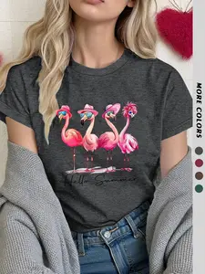 Cute Flamingo Print Top, Loose Fitting Round Neck T-Shirt for Summer Beach Style, Casual, Flattering and Chic Women’s Wear