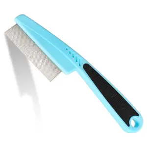 Pet Flea & Lice Comb for Dogs and Cats - Rubber Handle Tool, Removes Loose Hair, Knots & Flakes, Supports Hair Growth (Blue)