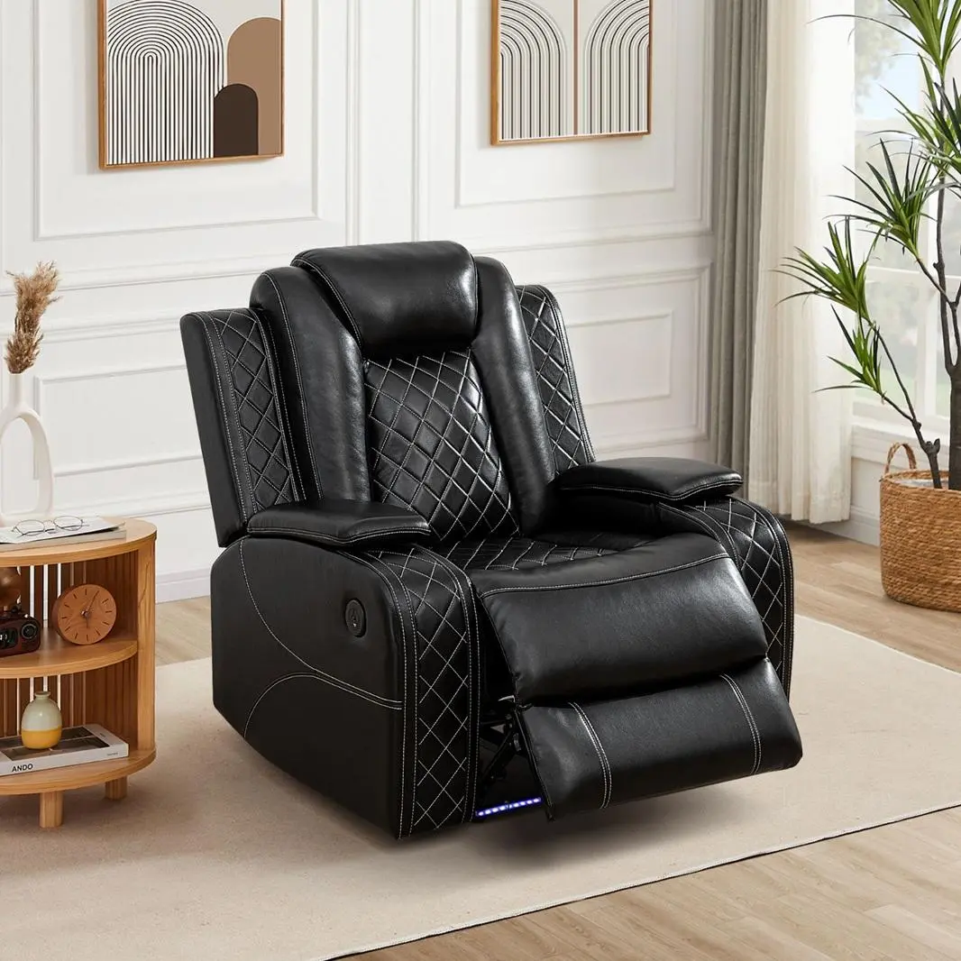 Premium Chestnut Brown Faux Leather Electric Recliner Chair, Quiet Smooth Reclining, USB Charging, Arm Storage, Integrated Speed Motor, Optimal Relaxation for Living Room Luxury Living Modern Space with Leather LED Light at the Bottom, No Noise Or Vibrati