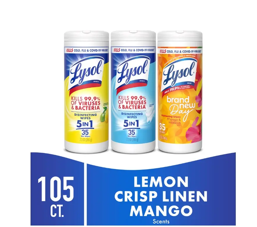Lysol Disinfecting Wipes, All Purpose Cleaner, Multi Surface Antibacterial Cleaning Wipes, Cleaning Supplies, Lemon + Mango & Hibiscus + Crisp Linen Scent, 35 Count Each (Pack of 3)