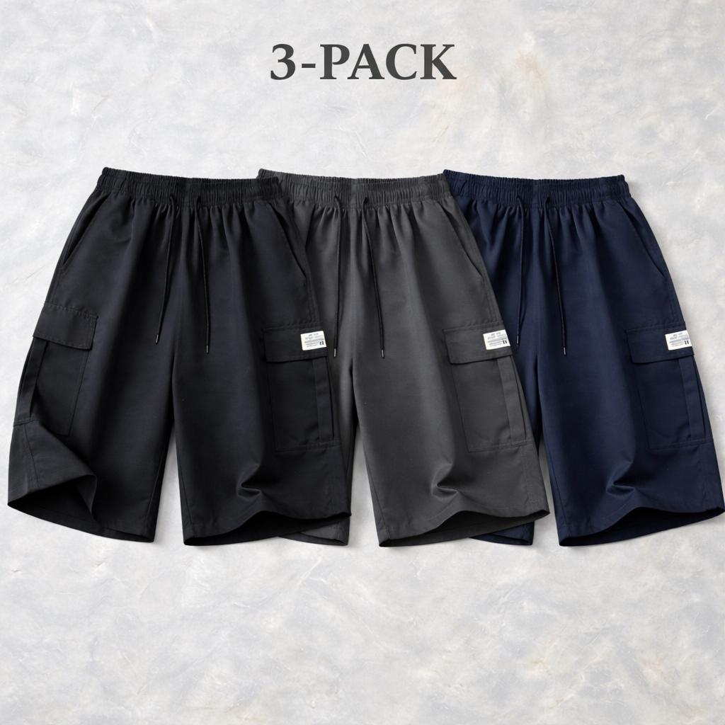 5-pack men’s cargo shorts for summer—loose fit with elastic waistband and drawstring, large side pockets and patch details, windproof breathable fabric, made from wear-resistant material; ideal for casual summer outdoor wear and a wardrobe essential for s