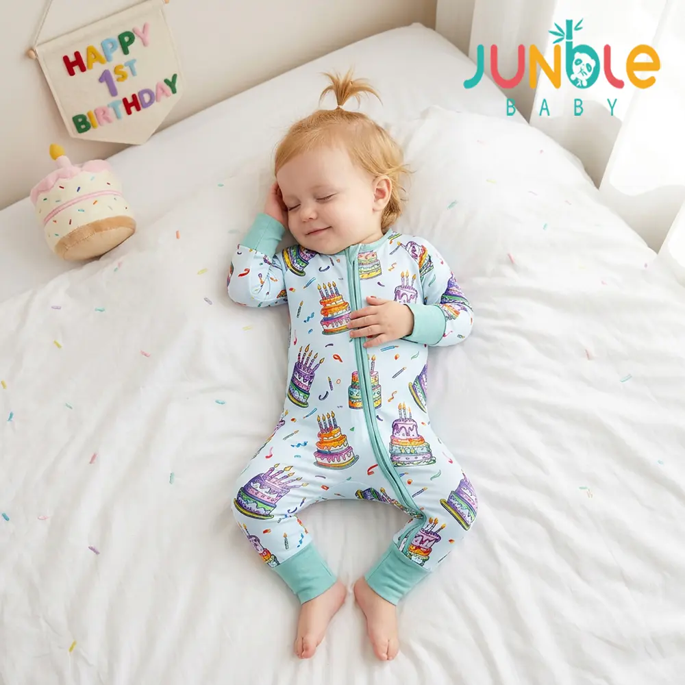 Junblebaby Birthday Cake Print Baby Zipper Romper, baby girl zipper romper,baby clothes,Natural Bamboo Fiber Long Sleeve 2-Way Zipper Footed Onesie, Soft Birthday Sleep Play Pajamas for Baby Girls Boys 0-3T US, mitten cuff foot