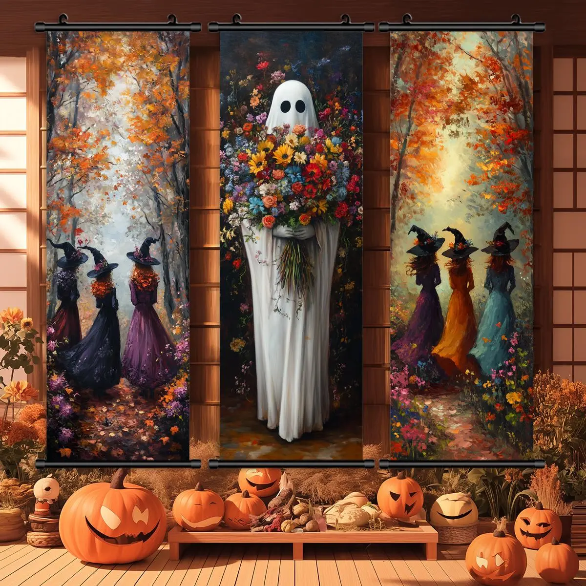 Halloween Themed Hanging Banner, 3 Counts/set Ghost & Witch & Skull Pattern Wall Decor, Wall Art for Home Living Room Bedroom Decoration