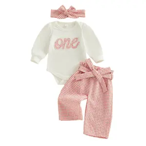 Baby Girl One 1st Birthday Outfit Long Sleeve Romper Plaid Gingham Pant Sets First 1 Year Old Samsh Cake Clothes