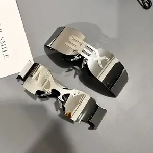 Elegant Unisex Sunglasses, Retro Long Rectangle Frameless Design, Trendy Round Face Sun Protection Eyewear, Stylish Daily Wear Accessory