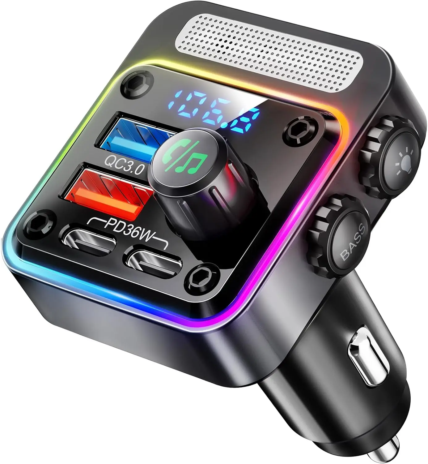 54W Universal Vehicle Bluetooth 5.3 FM Transmitter - 4-Port Car Charging Station with PD 36W, QC3.0 18W Speed Fast Charge, Deep Bass, LED Lights, USB Drive Ready, LED Backlit, Compatible with Most Cars, Wireless Car Adapter Fm & Bluetooth Transmitters