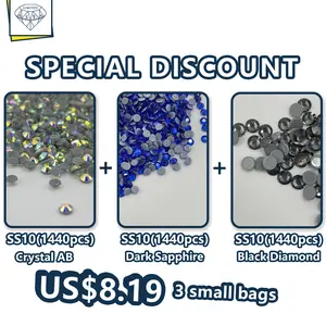 ASFA Hot Fix Rhinestones Set - Black Diamond, Dark Sapphire, Crystal AB Combination, SS10 Size, 1440pcs Fashion Clothes Accessory