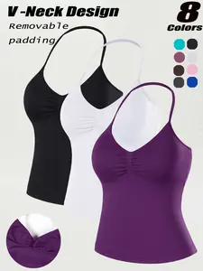 Women's Halter Tight Sports Vest, Detachable Padded Bra, V-Neck Backless Outerwear, High Elastic Fabric, Fashion Workout Top, Yoga Long Vest, Sport Vests