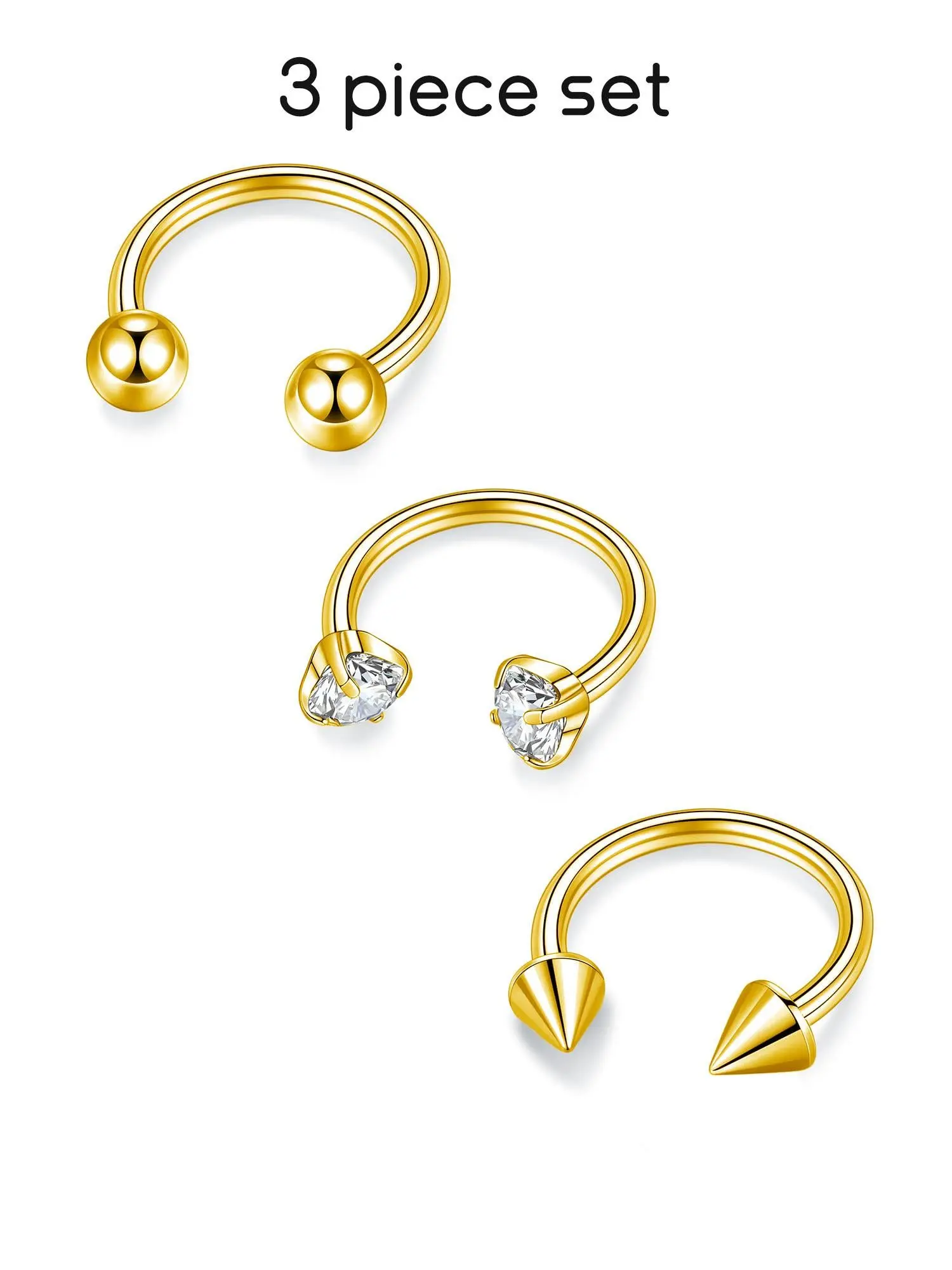 3pcs 18k Plated Stainless Steel Septum Rings 16g, Zirconia Nose Septum Ring, Round Ball Horseshoe Nose Hoop 8mm 10mm, Hinged Nose Hoop, Hypoallergenic Piercing Jewelry, Nose Rings Set, Nose Rings Hoops