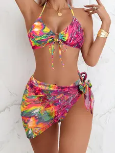 Women's All Over Print Wave Print Bikini Outfits 3 Piece Set, Casual Fashion Chic Swimsuit for Beach Holiday Vacation, Ladies Swimwear for All Seasons