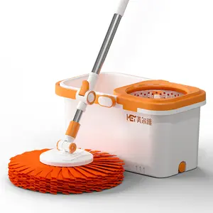 Mop Bucket Set with 360° Spin Mop and Bucket System 2 Microfiber Heads for Various Floor Cleaning Orange & White Extendable Stainless Steel Rod
