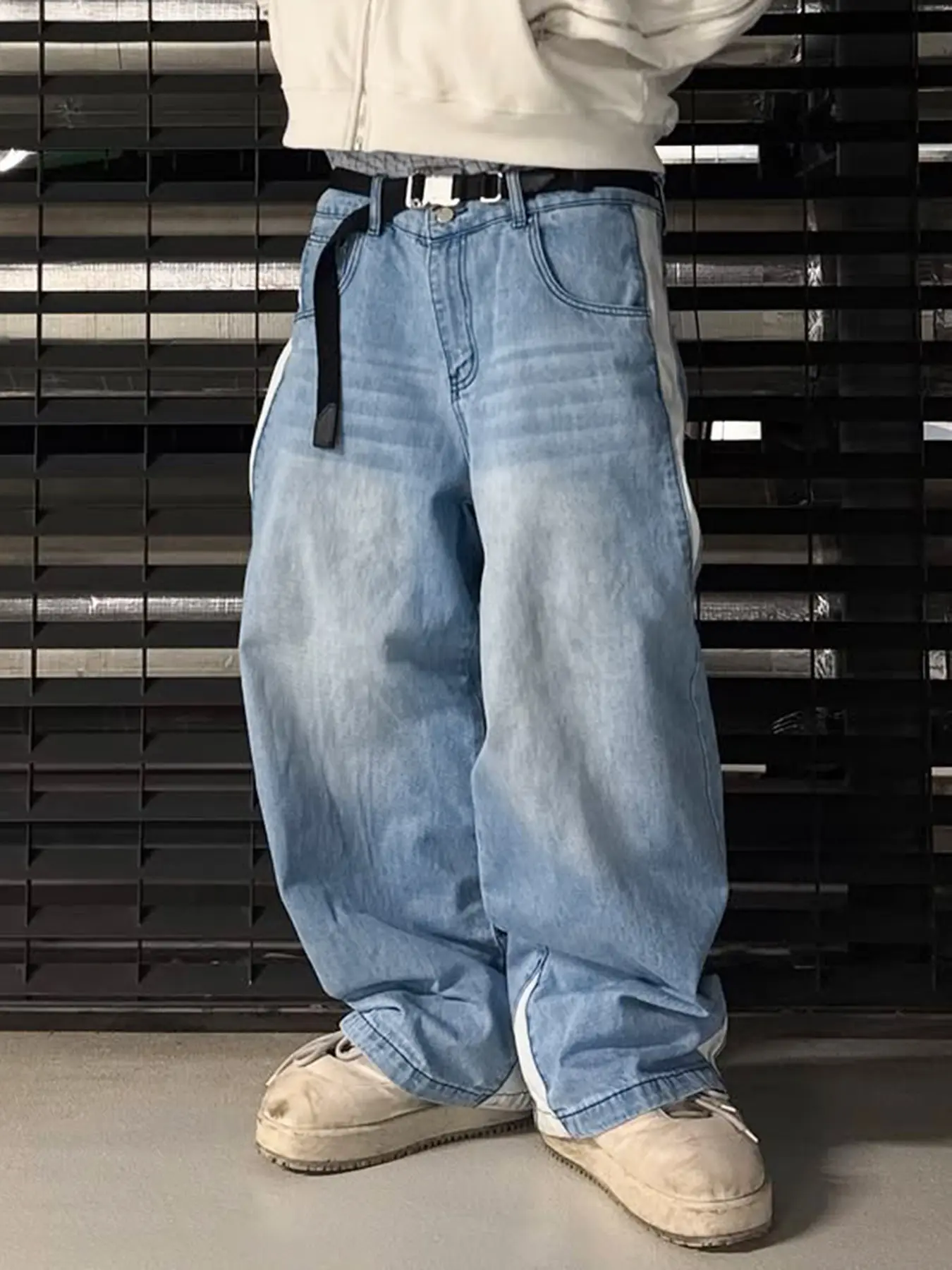 Unisex Patchwork Denim Jeans, Loose Fit Straight Leg Jeans, Casual Streetwear All Season Wear, Comfortable Fashion Design, Natural Waist Pockets, Loose Fitting Jeans