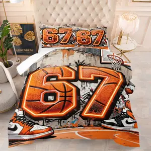 3-Piece Basketball Pattern Decorative Bedding Set, Includes 1 Quilt and 1 or 2 Pillowcases Without Pillows, Soft Kids and Adult Bedroom Gift