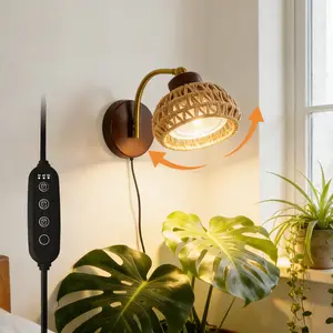 Aesthetic Rattan Wall Sconce Plant Grow Light - Full Spectrum LED for Indoor Plants, Boho Plug-in Wall Lamp for Home Decor