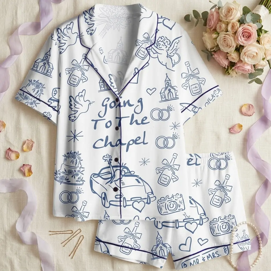 Going To The Chapel Bridal Pajama Set White Blue Wedding Doodle Print Bachelorette Party PJs Short Sleeve Button Down Shirt Shorts Loungewear Bride To Be Sleepwear Honeymoon Pyjamas Just Married Gift for Women Soft Cozy Matching Nightwear