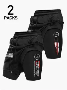 Men's Streetwear Sports Shorts Two-Piece Set, American Flag Design, 1776 & We the People Text, Patriotic Style for Sports & Casual Wear