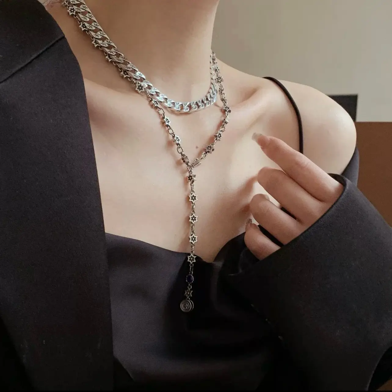 925 silver blue zirconium six-pointed star chain flower roulette necklace female clavicle chain light luxury niche design