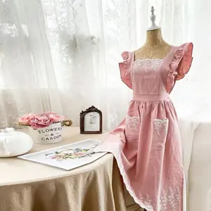 Women's Casual Cottagecore Apron in Blush Pink, Vintage-Style Cotton-Blend with Floral Lace Embroidery, Adjustable Ruffles & Pockets