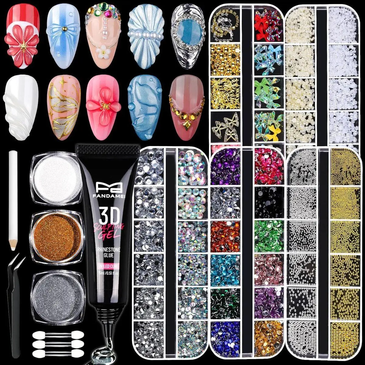 3D Gel Kit, 15g 3D Nail Sculpting Gel, 5 Box Nail Pearls Charms and Gems Clear&AB Nail Rhinestones, Metal Nail Beads&Gold Silver White Pearl Chrome Powder for DIY Manicure, UV/LED Lamp Needed