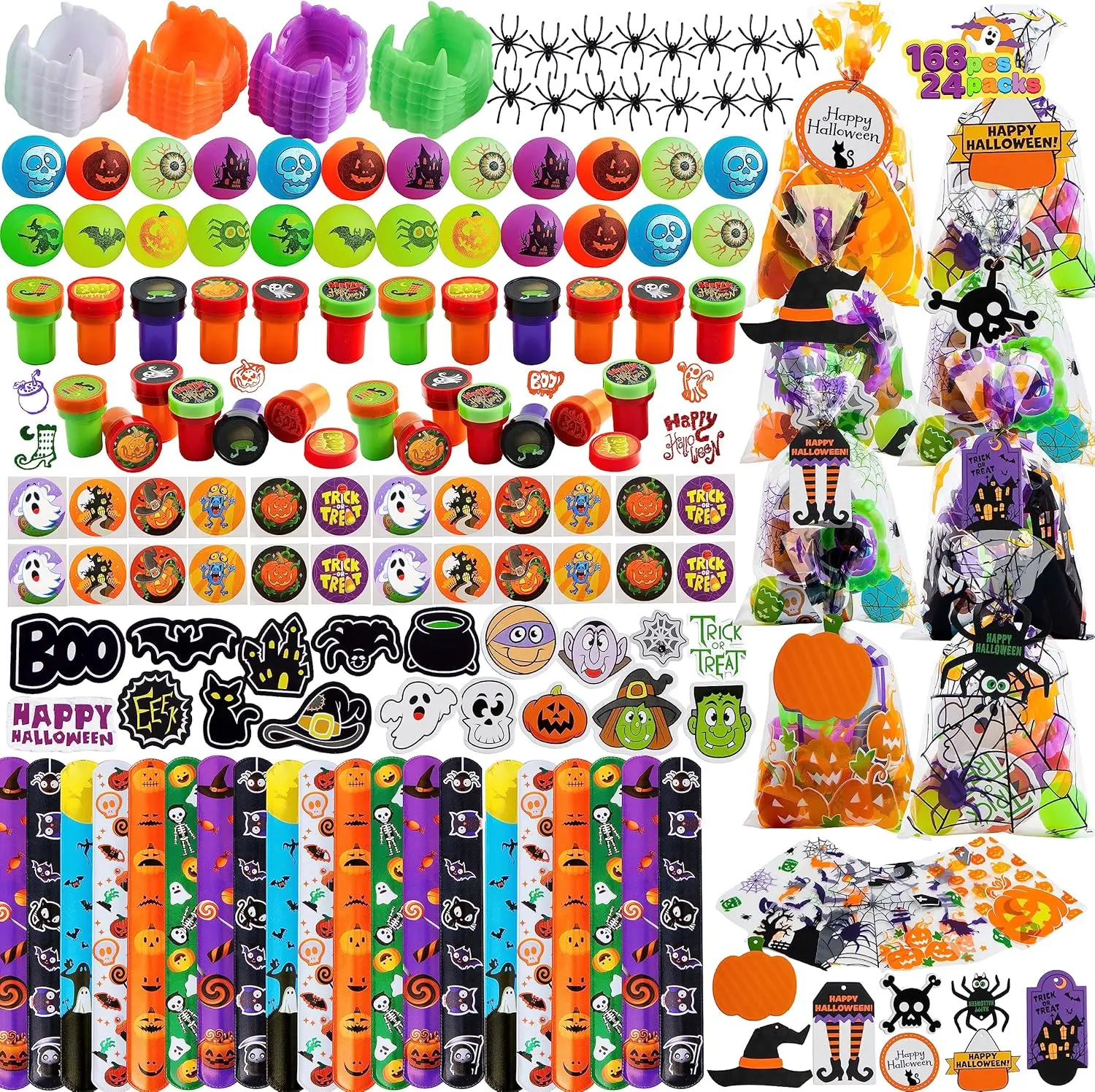 JOYIN 168 Pcs Halloween Stationery Set, 24 Pack Goody Bags with Halloween Tags Including Vampire Teeth, Spiders, Stamps, Stickers, Slap Bracelets for Kids Trick or Treating, Party Favors Supplies