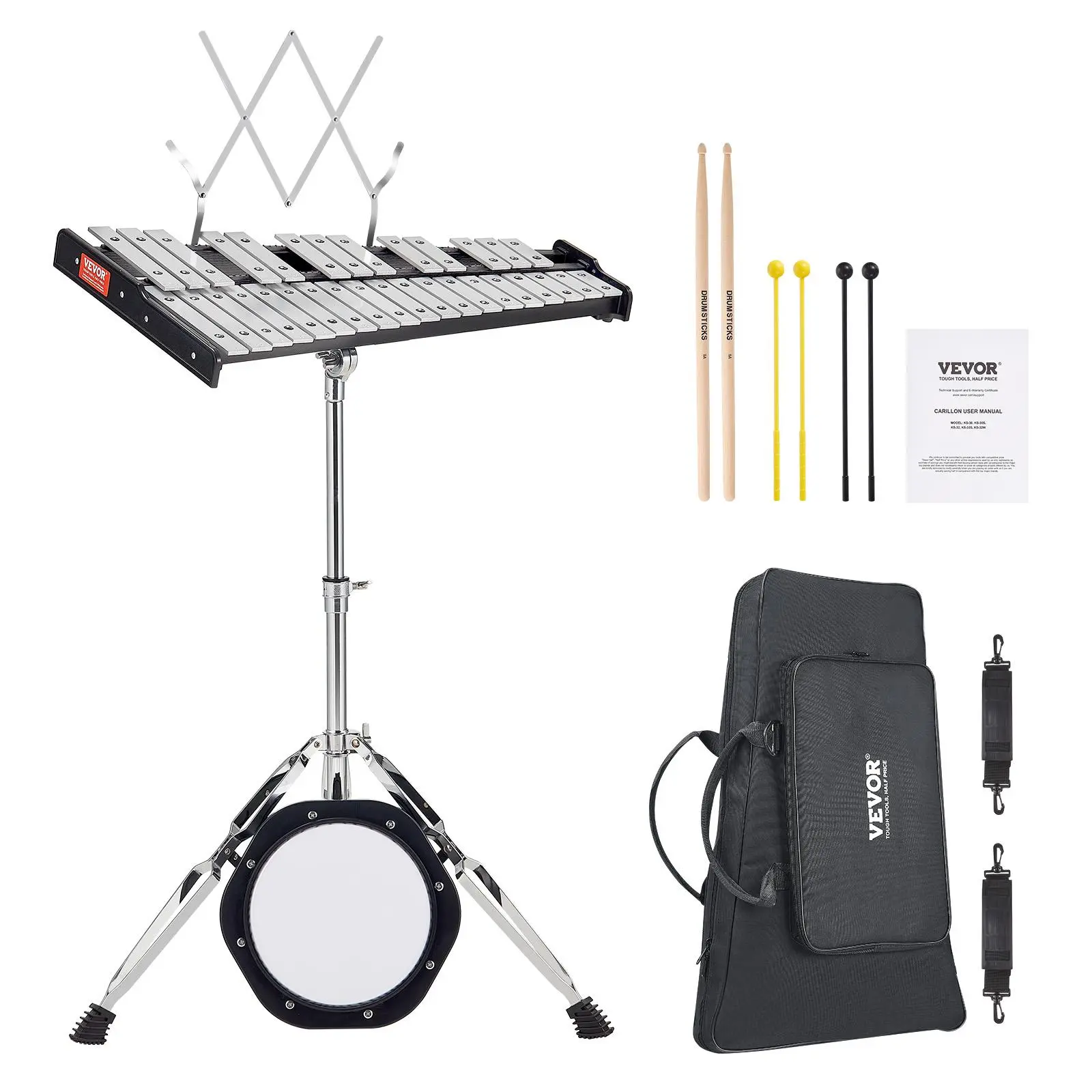 VEVOR 32-Note Manual Xylophone Glockenspiel Bell Kit - Professional Percussion Musical Instrument Set with Mallets, Drum Sticks, Music Stand, 8-in Practice Pad, Adjustable Stand, Breathable Carrying Bag for Students, Musical Instruments, Xylophones