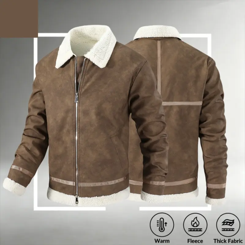 Men's Vintage Stylish Long Sleeve Coat - Menswear Classic Notched Lapel, Sherpa Fleece Lining, American Motorcycle-Style Suede-Like Outer, Zipper Front, Side Pockets, Plush Cuffs for Autumn/Winter Commuting & Casual Outings - Sohochic