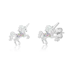 Unicorn Multicolored Crystal White Gold Plating Girl's Screwback Stud Earrings
