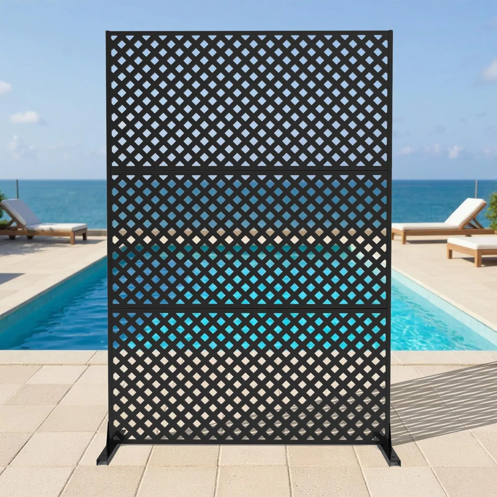 Metal Privacy Screen Outdoor Freestanding Galvanized Steel Panel 70x47 Inch Rustproof Stable Base Laser-Cut Pattern 3 Panels for Patio Balcony Garden
