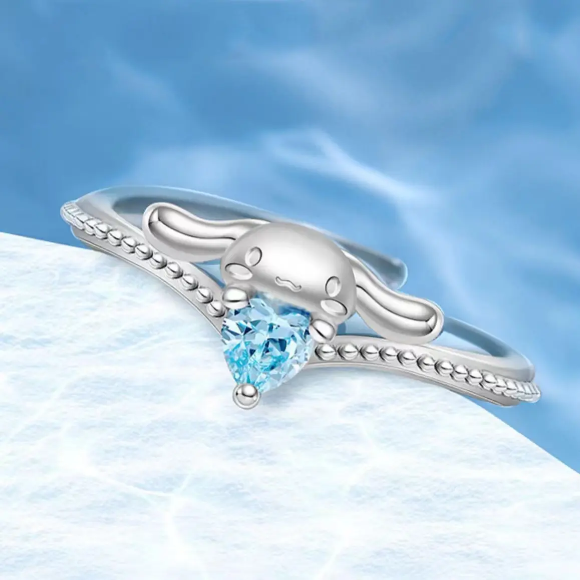 cinnamon rings Cute Cinnamoroll Ocean Heart Niche Design Adjustable Open Ring as a Gift for Girlfriend, Charm Rings, Bunny Charm Rings