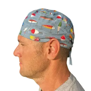 Fishing lures Skull Surgical OR Hat Scrub Cap Mens 100% Cotton Tie Back Eco-Friendly Reusable Comfortable Durability