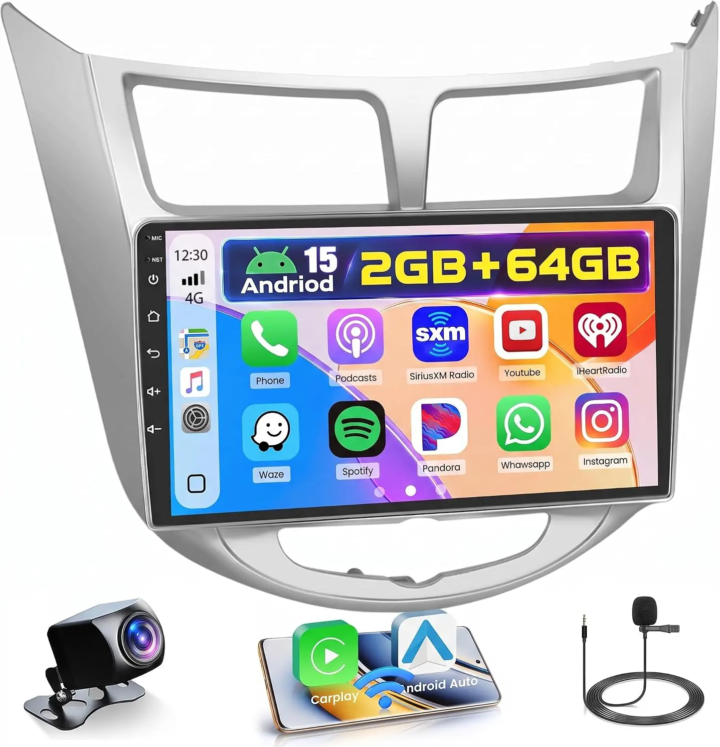2+64GB 9" Android 15 Car Radio for Hyundai Accent Verna Solaris 2010-2016 Wireless Carplay Android Auto Mirror Link 9"Touch Screen Car Radio with GPS, Backup Camera, BT, FM/RDS, EQ, WiFi, SWC
