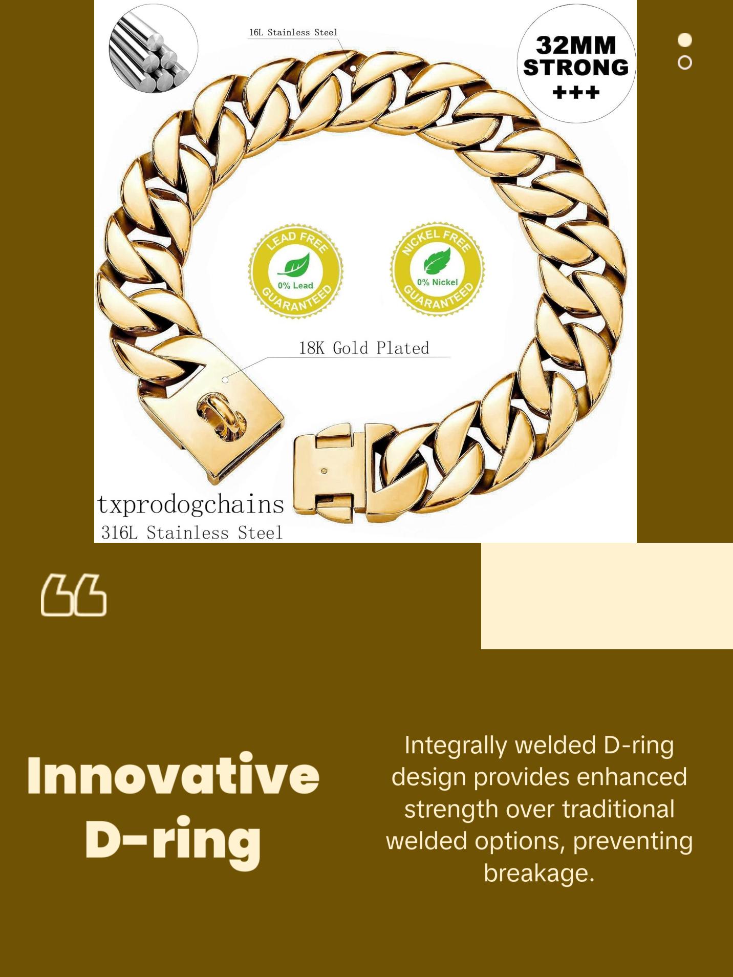 Big Dog Chain Collars, Txprodogchains 32MM Thick Cuban Link Dog Collar Strong Metal Dog Cuban Link Collar with Buckle, Solid Stainless Steel Gold Dog Collars for Large Dogs txprodogchains