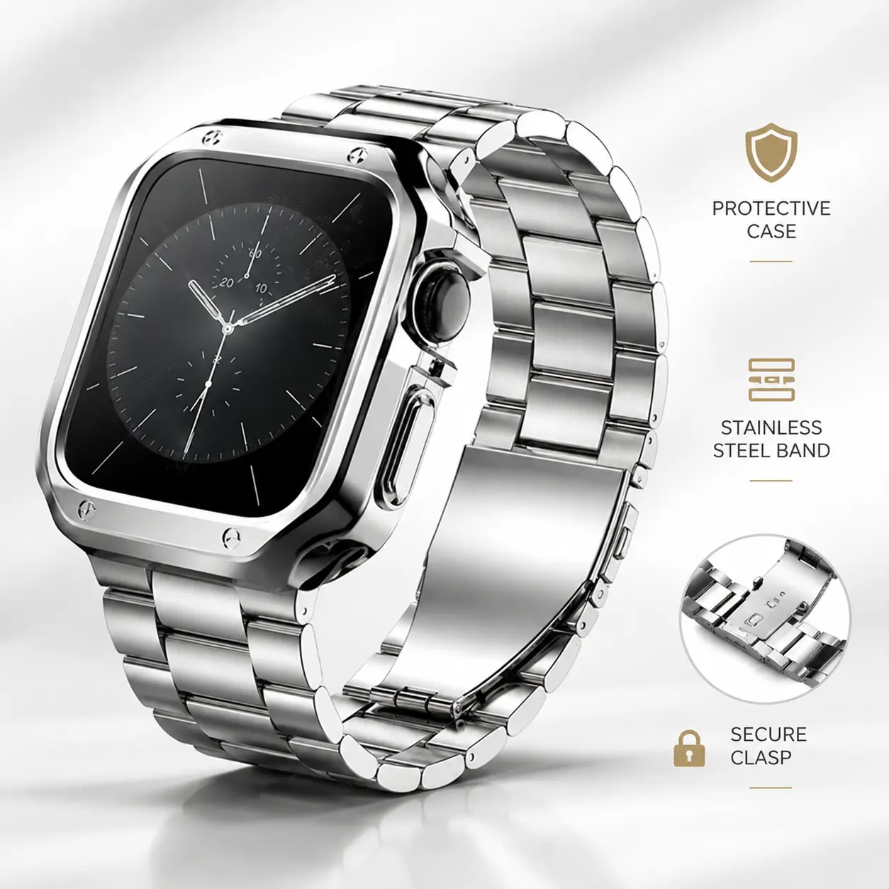 BROULIT Durable Wearable Smartwatch Accessories Set - Men/Women's Rugged Stainless Steel Watch Strap, Shockproof TPU Armor Protector Cover for Ultra 2/Ultra, Series 11-6 Compatible Smart Watches