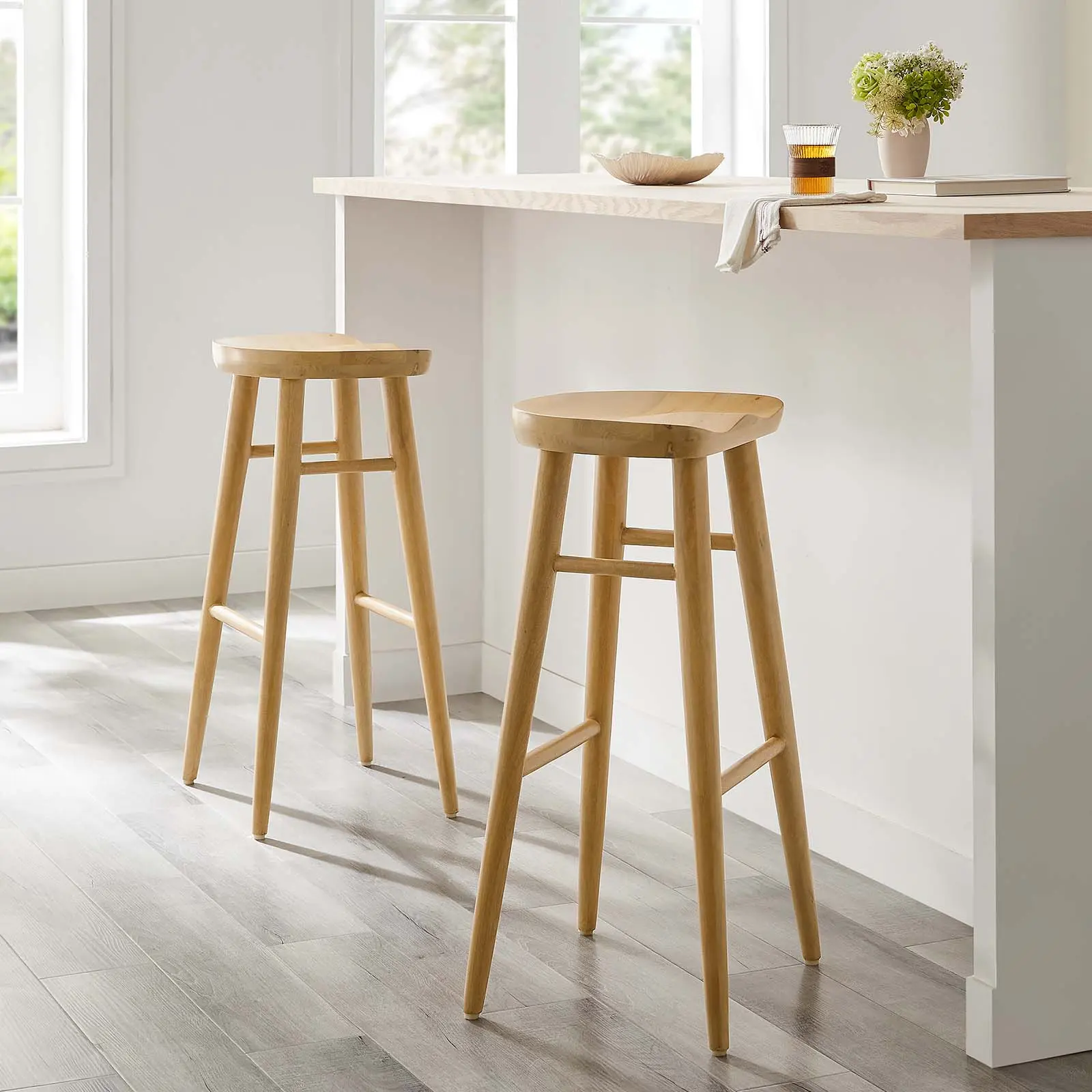 Modway Saville Backless Oak Wood Bar Stools - Set of 2, Modern Minimalist 2-Seat Home Bar Furniture, Adjustable Saddle Design, Contoured Seat, Modern Furniture, Weight Limit, Fully Assembled